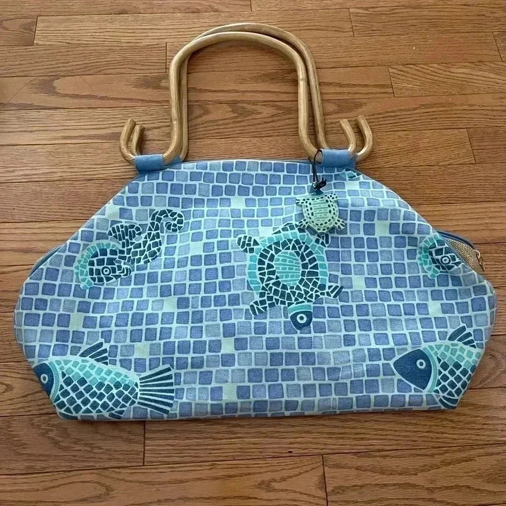 NEW Sun N Sand Beach /Pool Canvas Tote  BAG Blue Green Ocean Turtles Fish